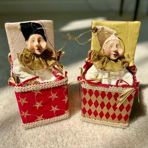 Pair Of Mark Roberts Jester Fairy Jack In The Box Christmas Ornaments 2”x2” Box